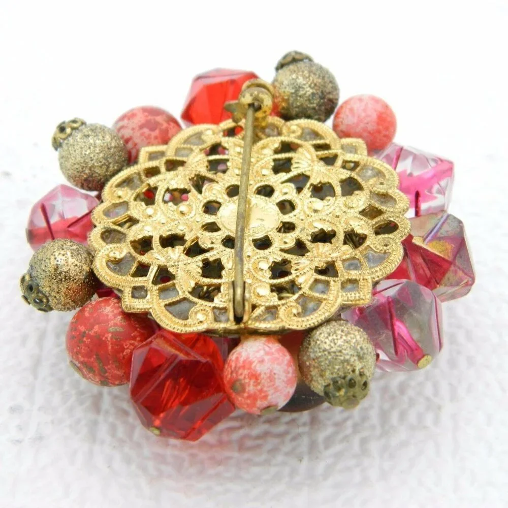 VTG WESTERN GERMANY Gold Tone Pink Red Glass Bead
